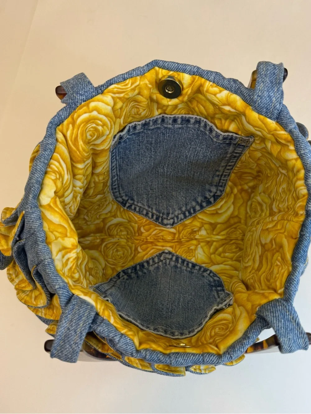 Eclectic Yellow Floral-Trim Denim Tote with Tortoise Handles